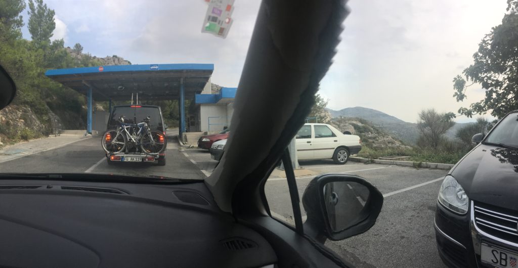 The Bosnian border of a blue metal gazebo